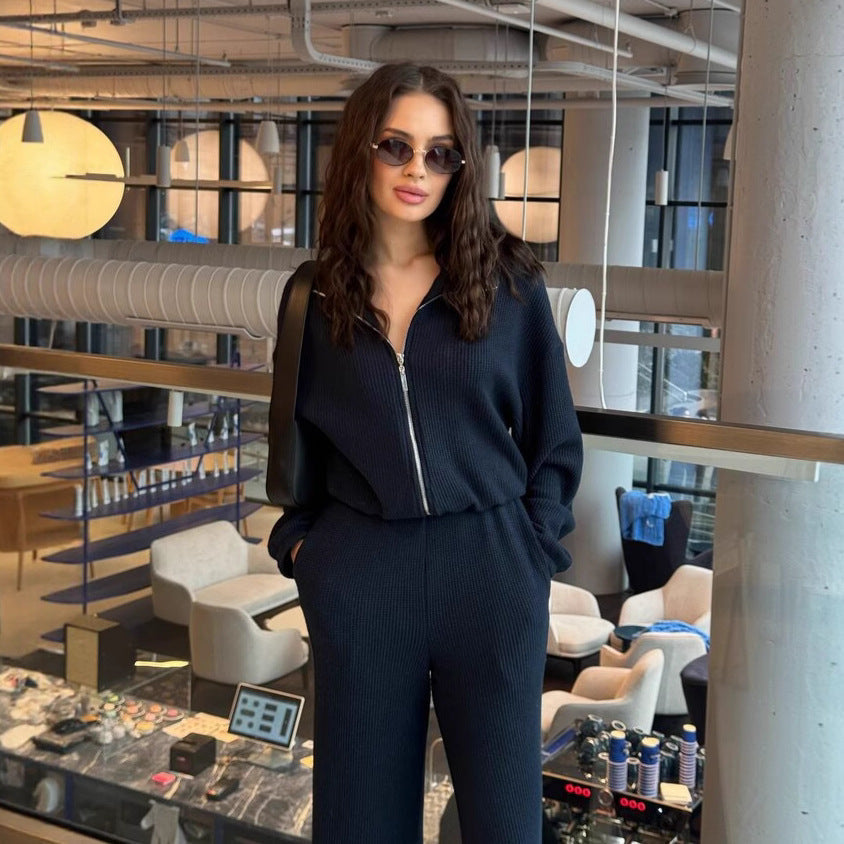 Damen Jumpsuit Durchgehender Reißverschluss Weites Bein Eveloria