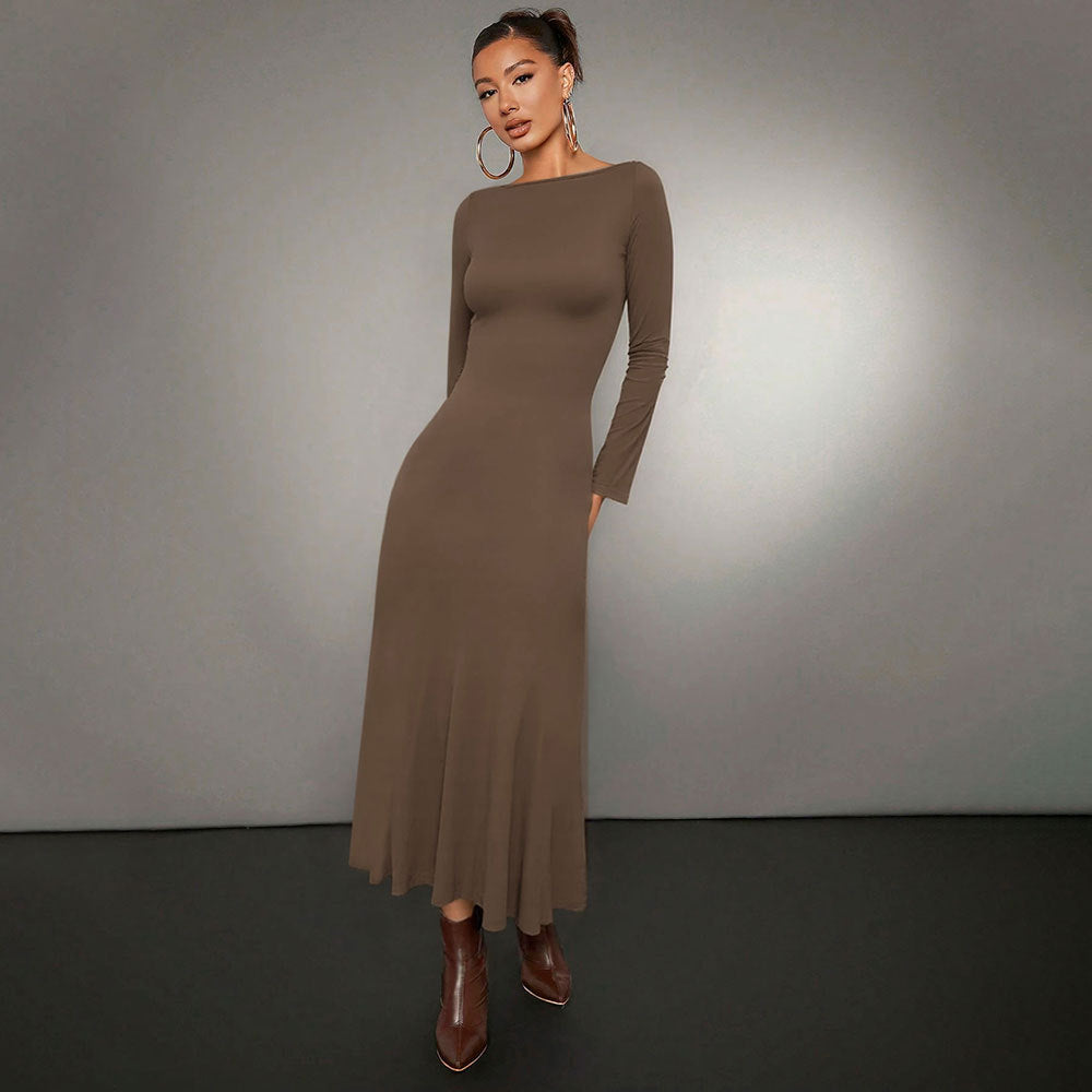 Damen Midikleid Langarm Rundhalsausschnitt Eveloria