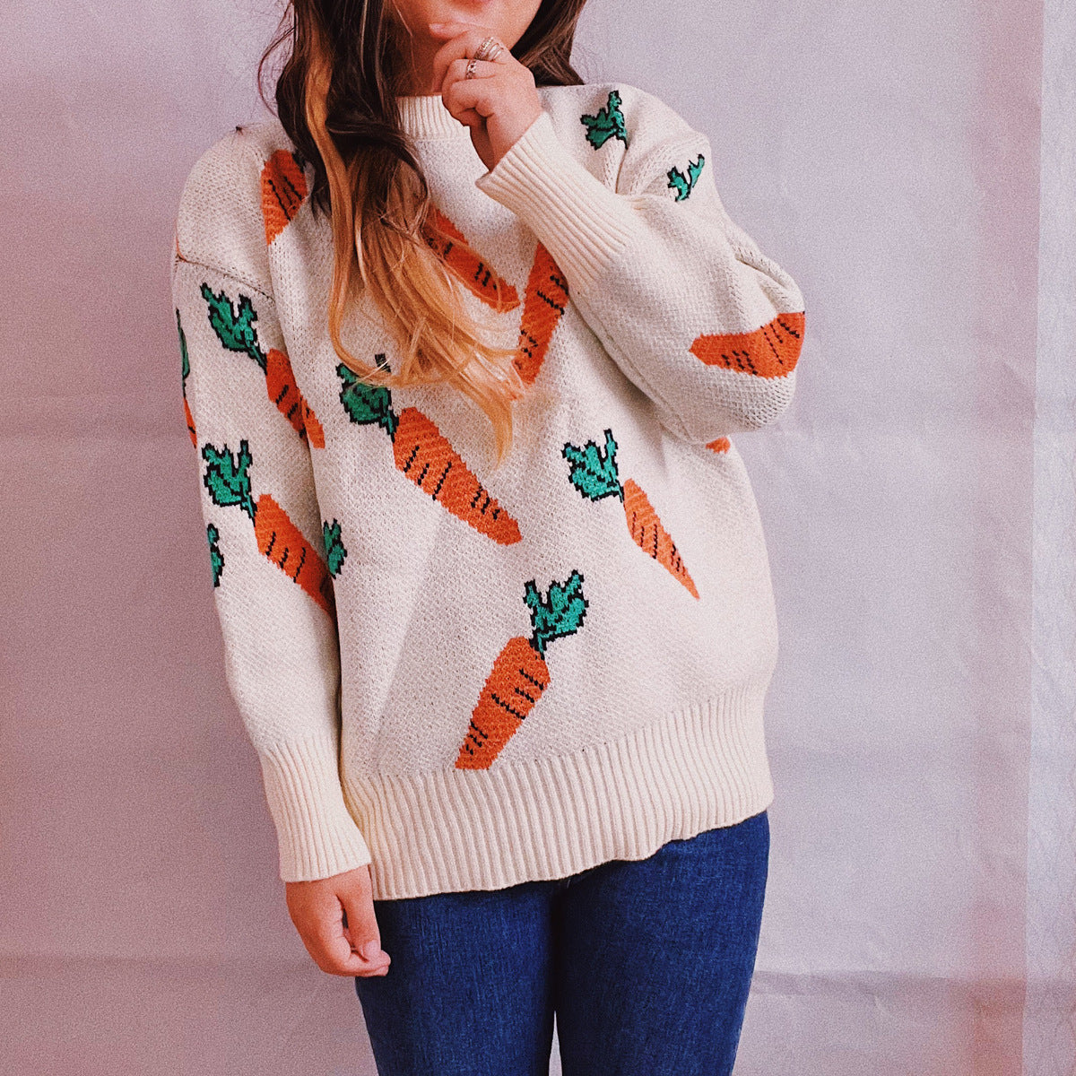 Damen Oversized Strickpullover Karottenmuster Eveloria
