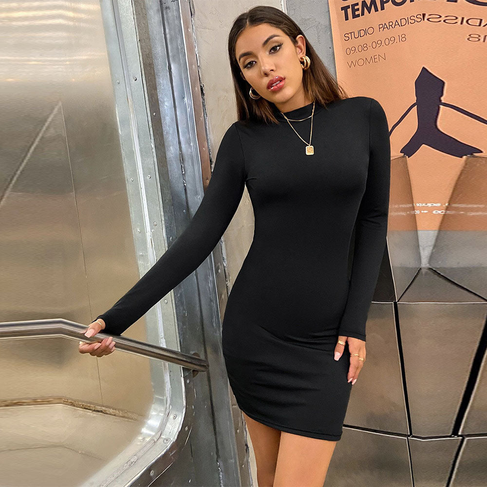 Damen Minikleid Figurbetont Hohler Kragen Langer Arm Eveloria