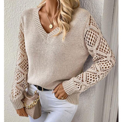 Damen Strickpullover V-Ausschnitt Lochmuster Eveloria