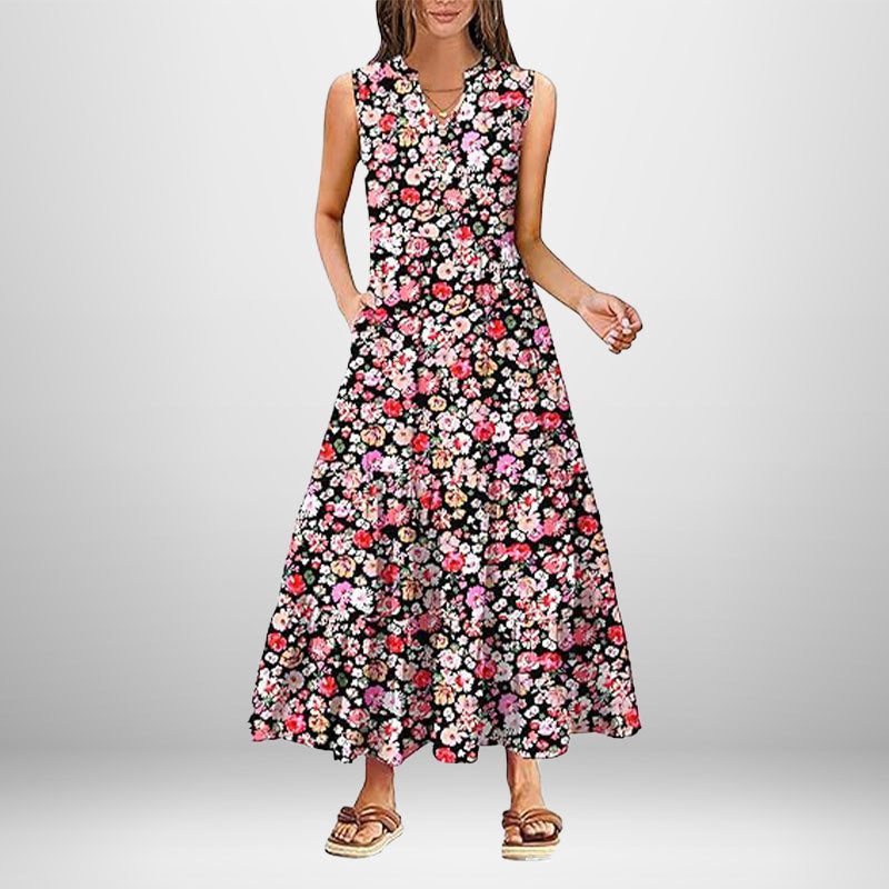 Damen Maxikleid Knopfdetail Seitentaschen Eveloria