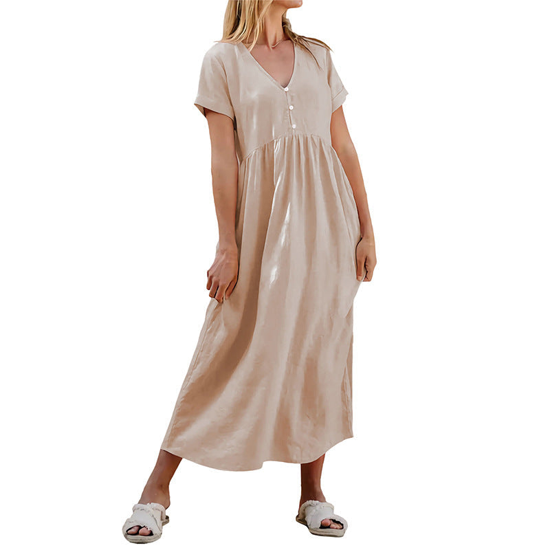 Damen Maxikleid V-Ausschnitt Dekorative Knöpfe Eveloria