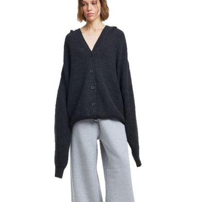 Damen Strickjacke Oversized mit Kapuze und Knöpfen