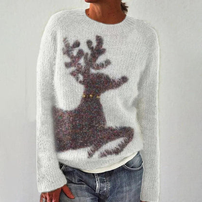 Damen Pullover Fuchs-Motiv Gestreifte Ärmel Kuschelig Grün
