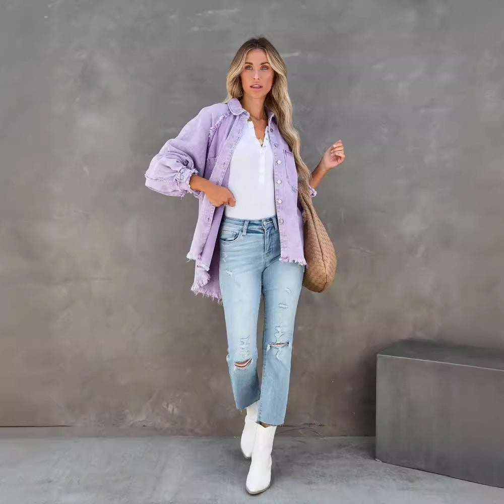 Damen Oversized Denim-Hemd mit Fransen