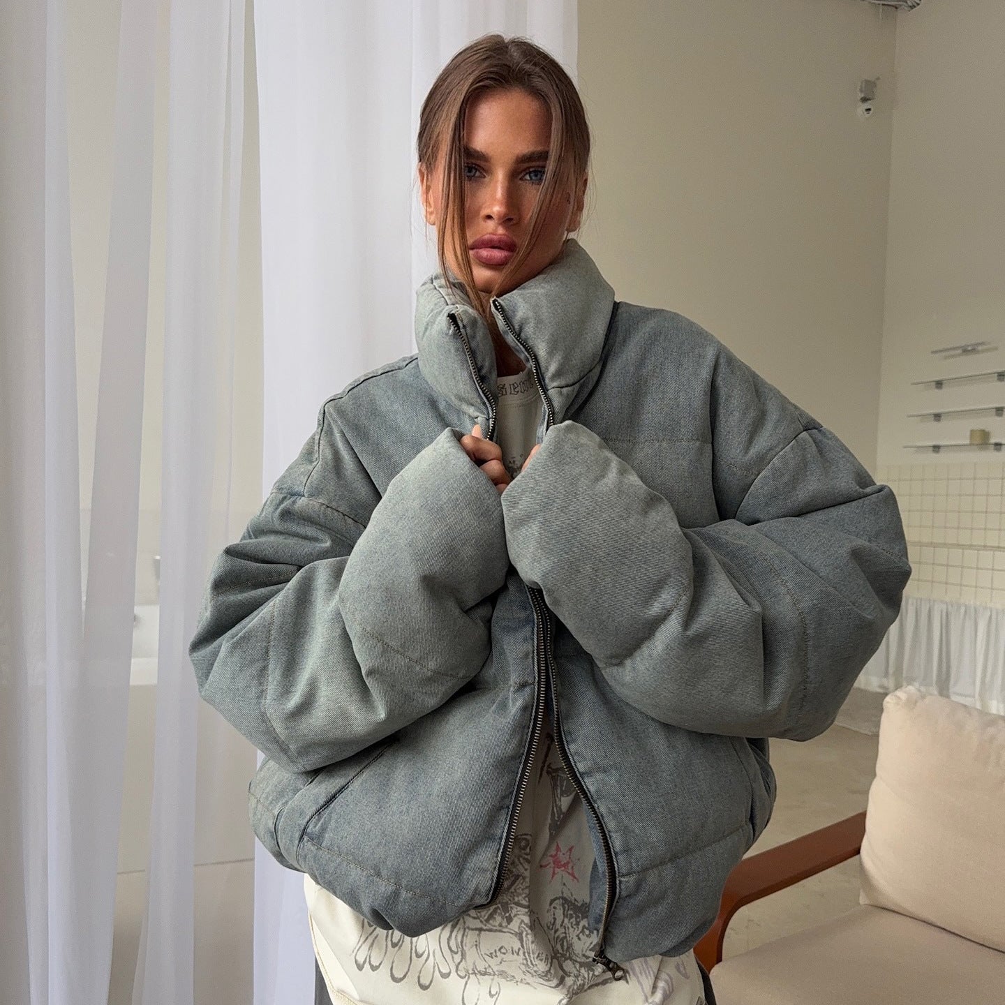 Damen Oversized Steppjacke Hochkragen Eveloria