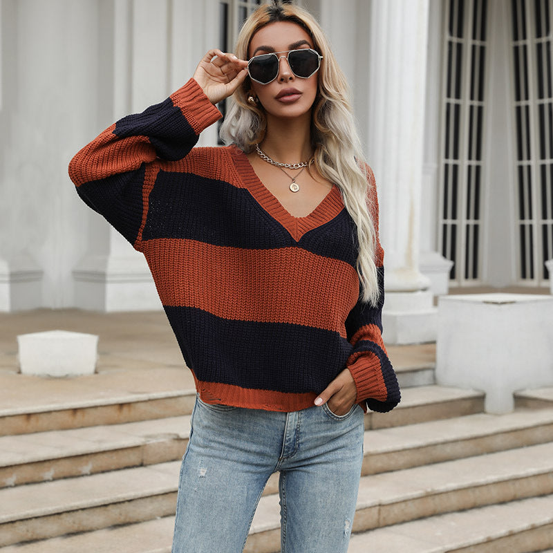 Damen Oversized Strickpullover V-Ausschnitt Blockstreifen