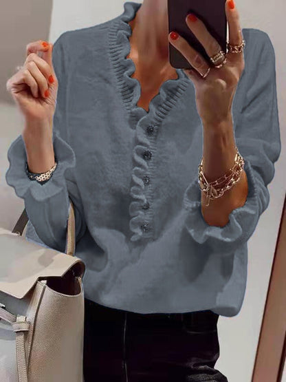 Damen Bluse Rüschendesign Knopfleiste Blume Farbe Weiß