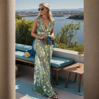 Damen Abendkleid Elegant Fließend Gold Akzente V-Ausschnitt