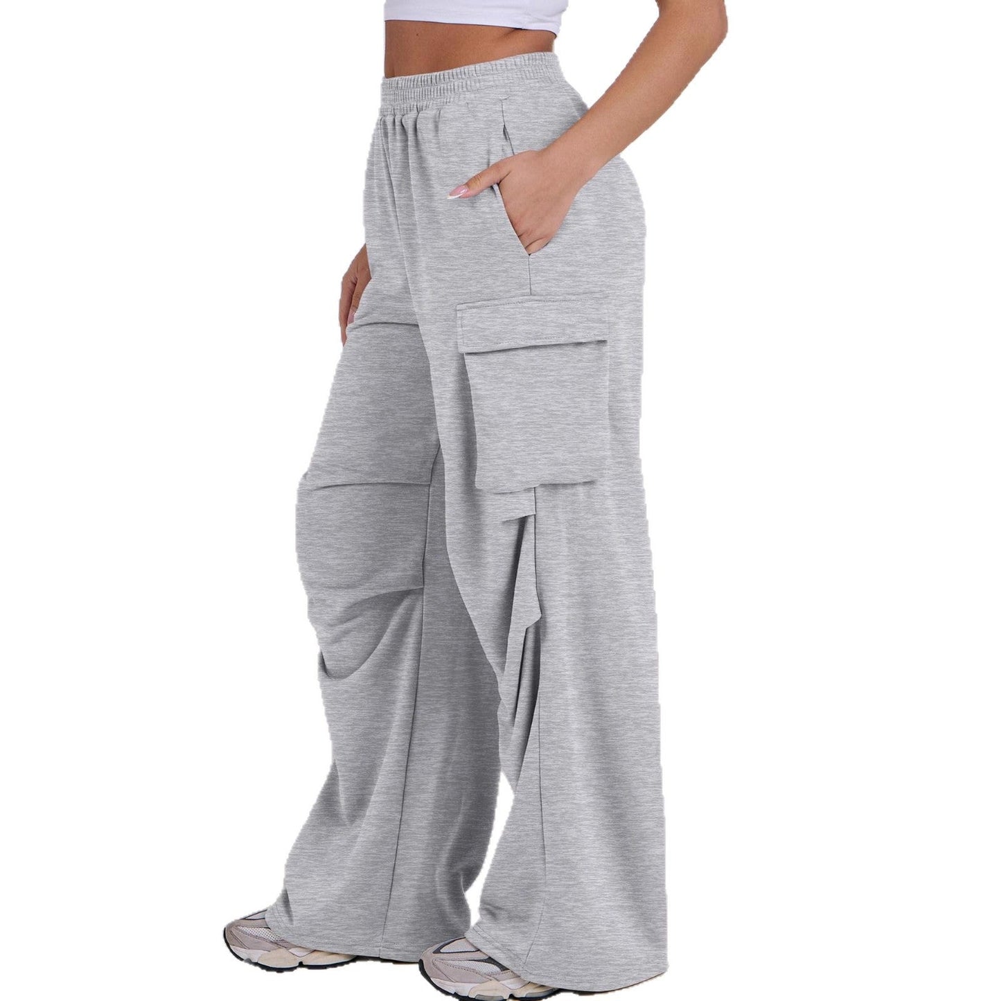 Damen Cargo-Hose Elastischer Bund Weite Beine Beige