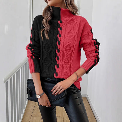 Damen Strickpullover Farbwechsel Zopfdesign