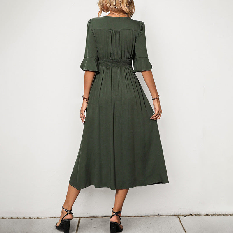 Damen Maxikleid V-Ausschnitt Seitenschlitz Knöpfe Elegant