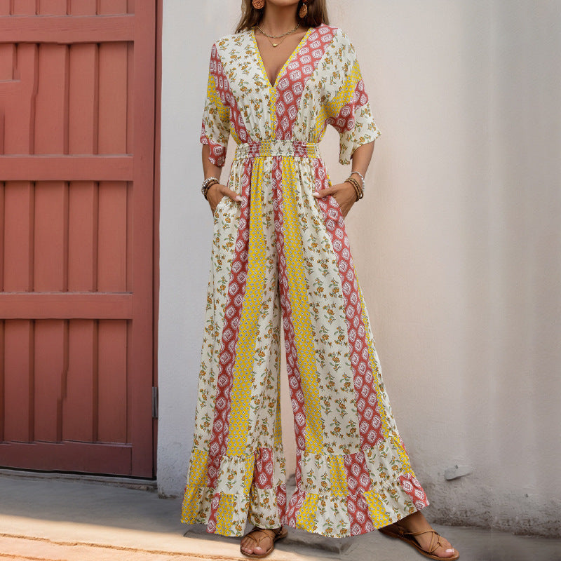 Damen Jumpsuit Floralmuster Weite Beine Eveloria - Eveloria