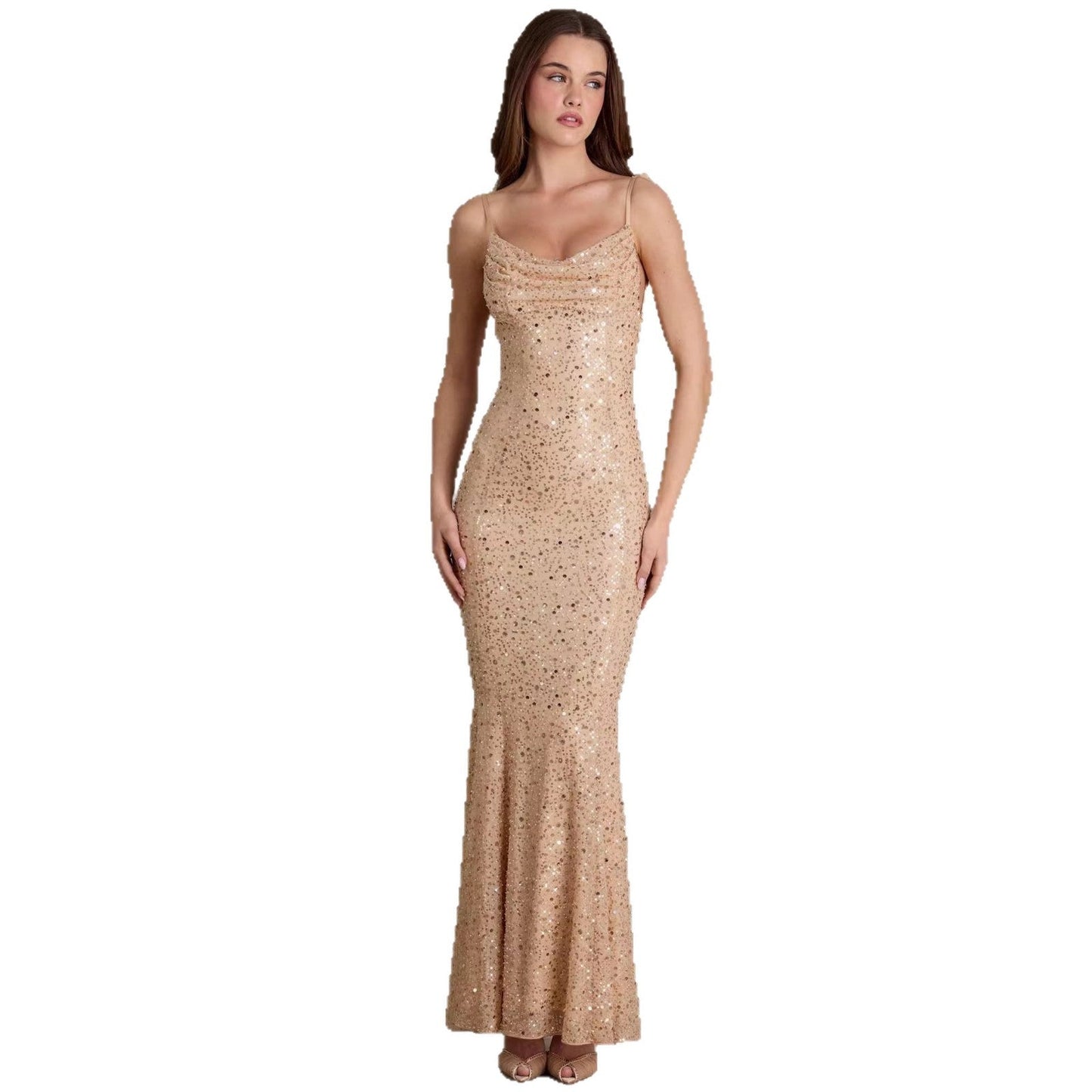 Damen Maxi-Kleid Pailletten Wasserfallausschnitt Figurbetonter