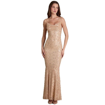 Damen Maxi-Kleid Pailletten Wasserfallausschnitt Figurbetonter