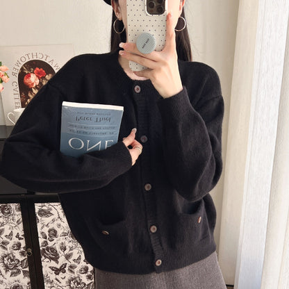 Damen Strickcardigan Großtaschen Knopfdetails Anthrazit