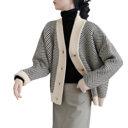 Damen Strickjacke Chevron-Muster Elegante Knöpfe Beige