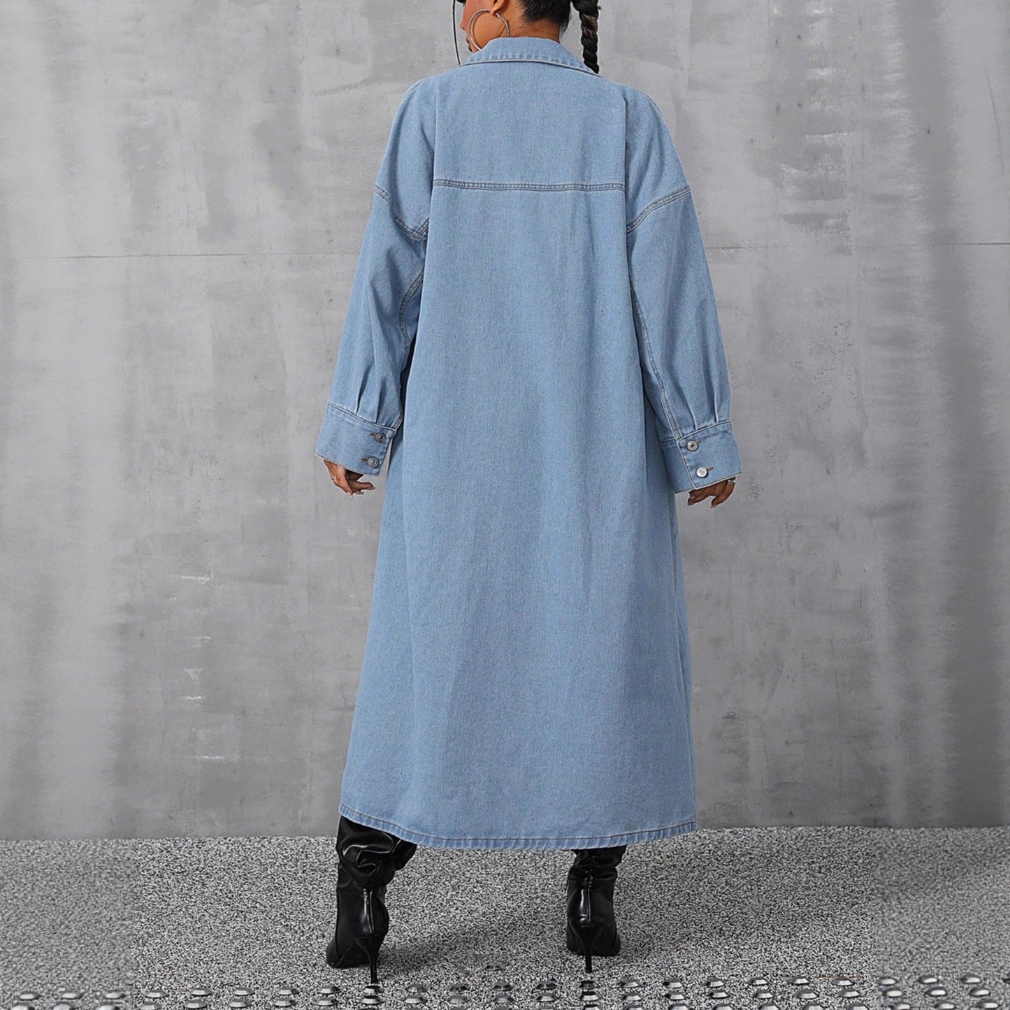 Damen Oversized Denimjacke Maxi mit Druckknöpfen und Taschen Blau