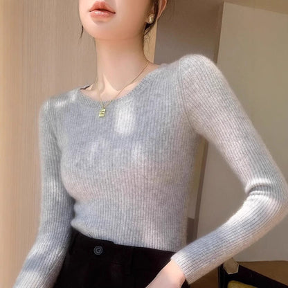 Damen Rippstrickpullover Rundhals Fein Eveloria