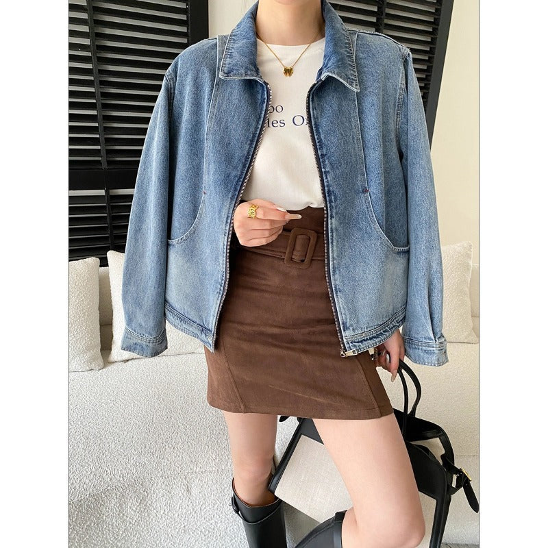 Damen Oversized Denimjacke mit Taschen Blau Eveloria - Eveloria