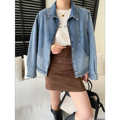 Damen Oversized Denimjacke mit Taschen Blau Eveloria - Eveloria