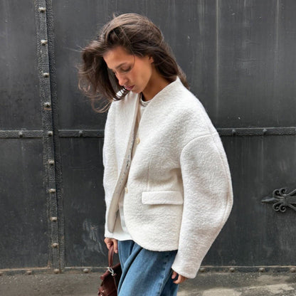 Damen Boucle-Jacke Überschnittene Schultern Knopfverschluss
