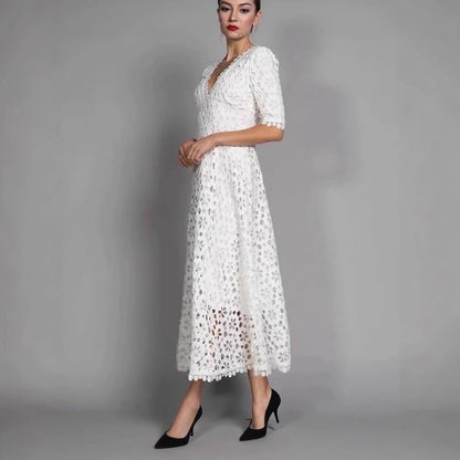 Damen Maxikleid mit Floralmuster Cut-Outs Spitzenkragen