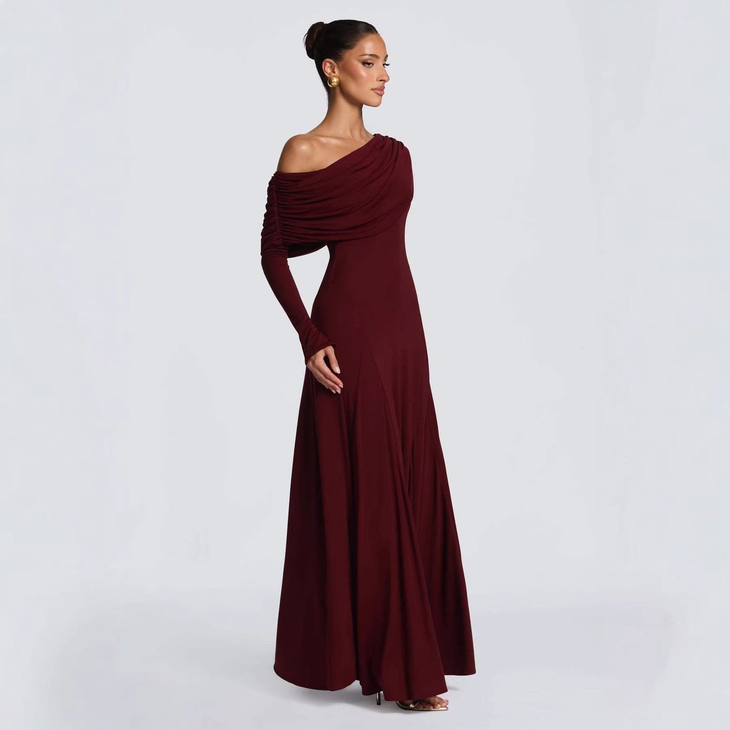 Damen Langarm-Maxikleid Asymmetrisch Drapierung Elegante Abendkleid