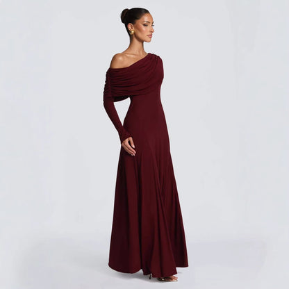 Damen Langarm-Maxikleid Asymmetrisch Drapierung Elegante Abendkleid