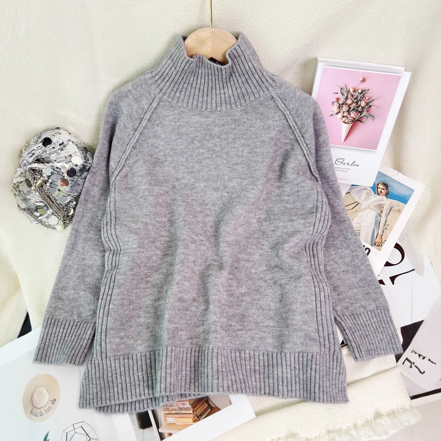 Damen Oversized Pullover Strukturiertem Stehkragen Grau Eveloria
