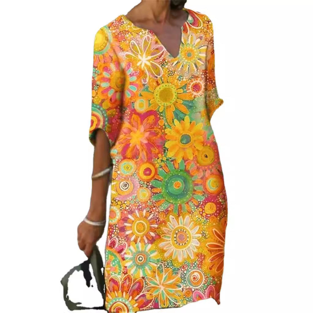 Damen Freizeitkleid Floralmuster V-Ausschnitt