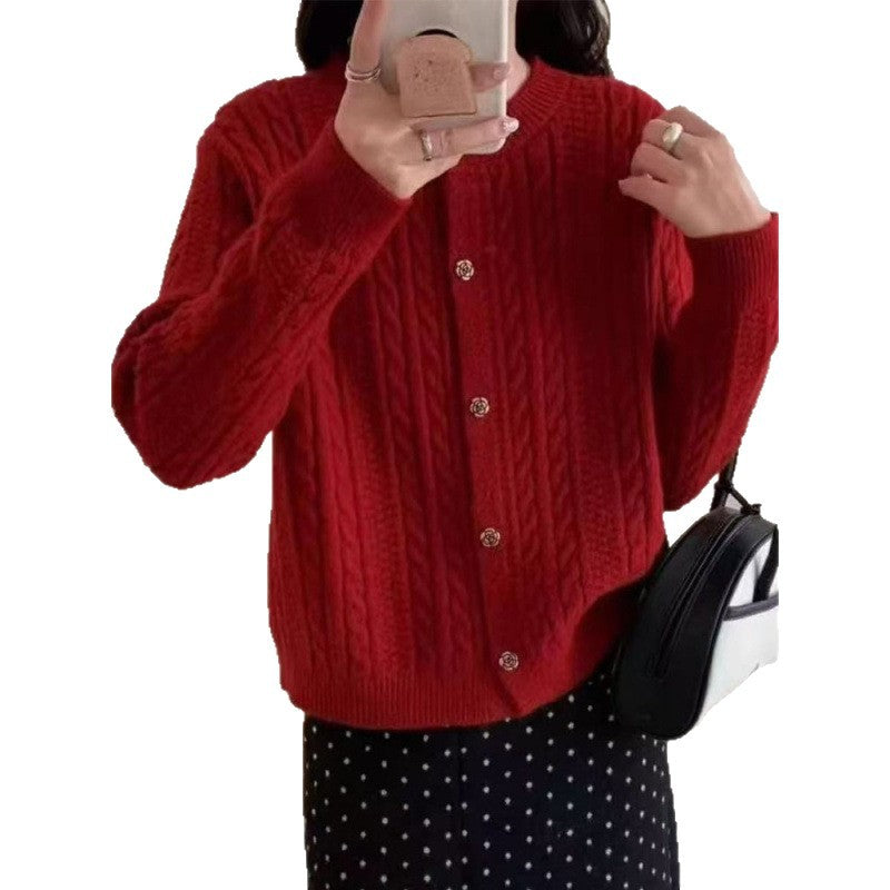Damen Strickjacke Zopfmuster Dekorative Knöpfe Eveloria