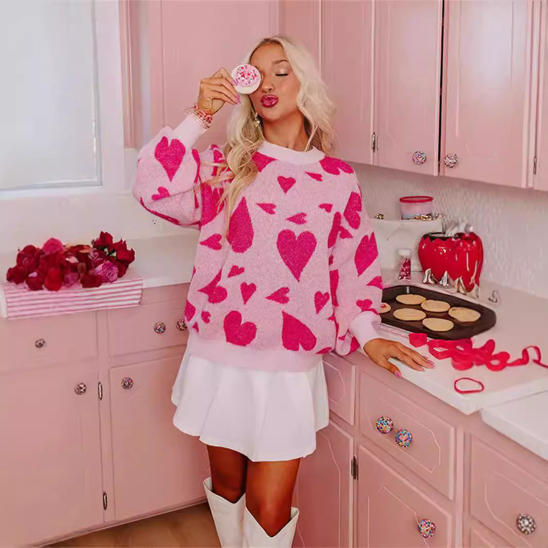 Damen Pullover mit Herzmotiv Baumwolle Rosa - Eveloria