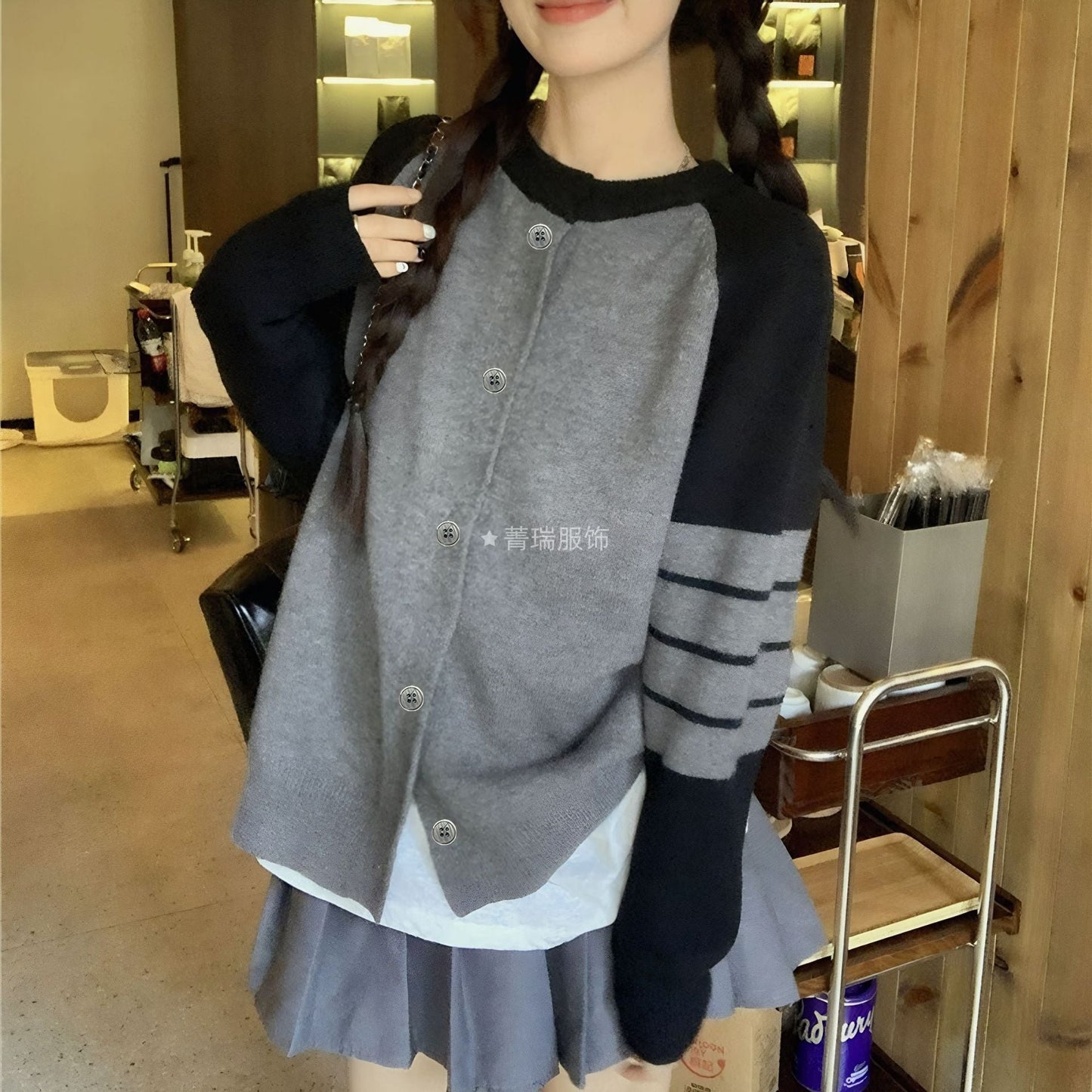Damen Strickcardigan Bequem Knöpfe Sportstreifen Anthrazit