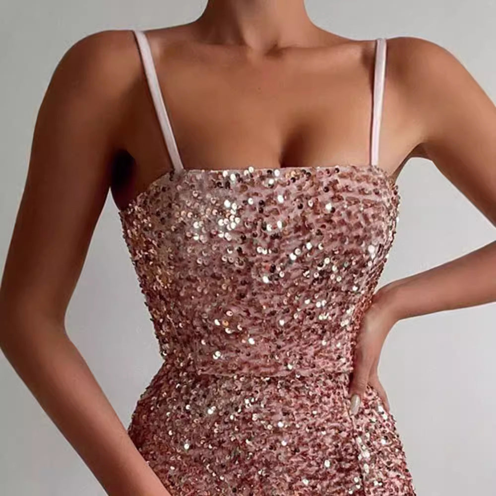 Damen Pailletten-Kleid mit Schlitzen und Spaghetti-Trägern Eveloria