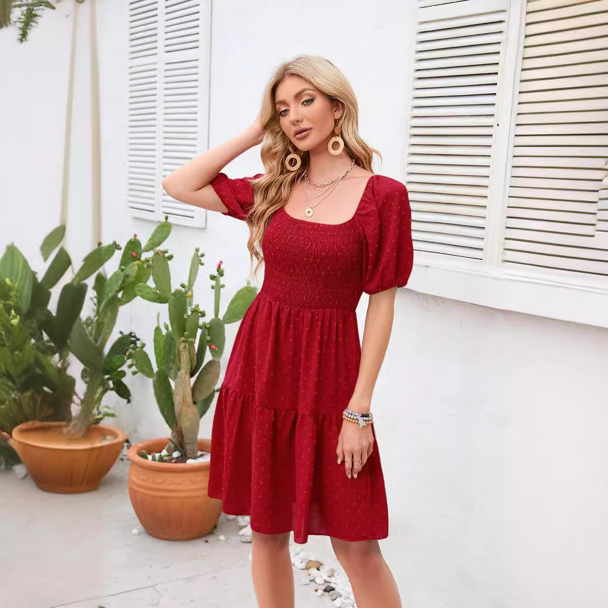Damen Shirtkleid Luftig Puffärmel Rüschensaum Eveloria - Eveloria