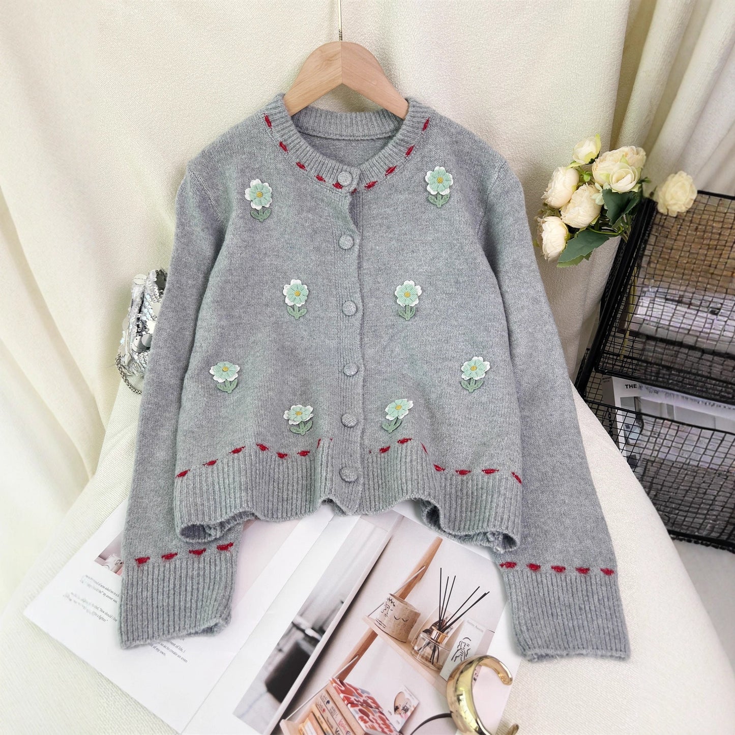 Damen Strickjacke Florales Muster Knopfverschluss