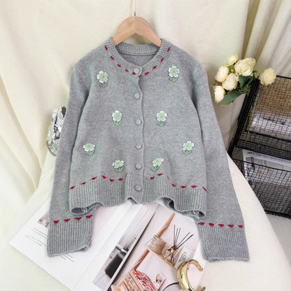 Damen Strickjacke Florales Muster Knopfverschluss