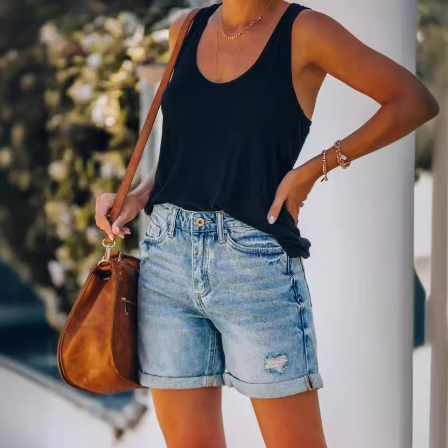 Damen Vintage Denim Shorts Hochgeschnitten Blau
