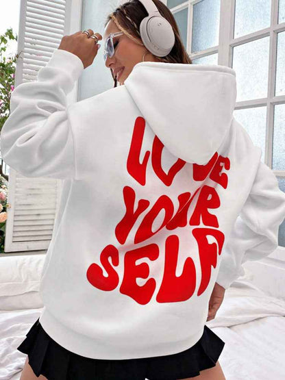 Damen Hoodie Kordelzug Kängurutasche Love Yourself Rückenprint