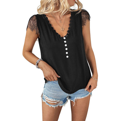 Damen Spitze Knopfleiste Elegant Weiss