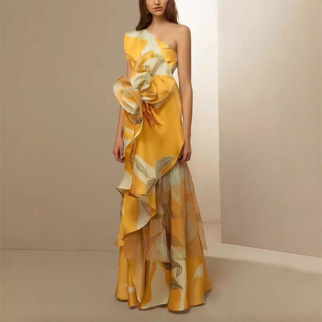 Damen Maxikleid Asymmetrisch Florale Rüschen