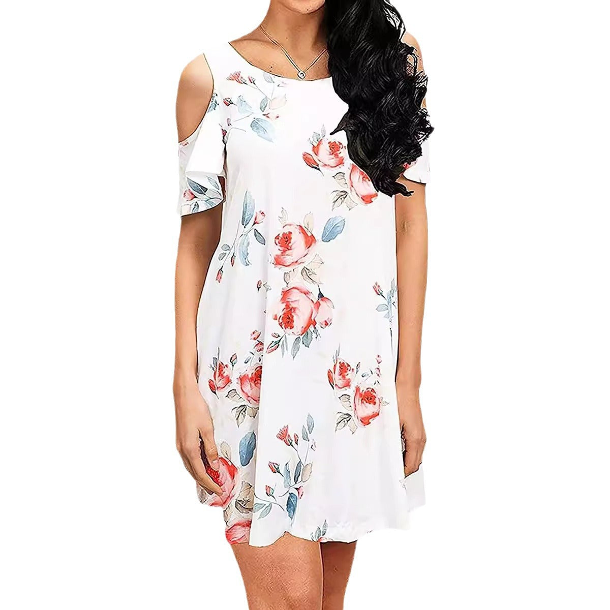 Damen Sommerkleid Floralmuster Schulterfrei Eveloria