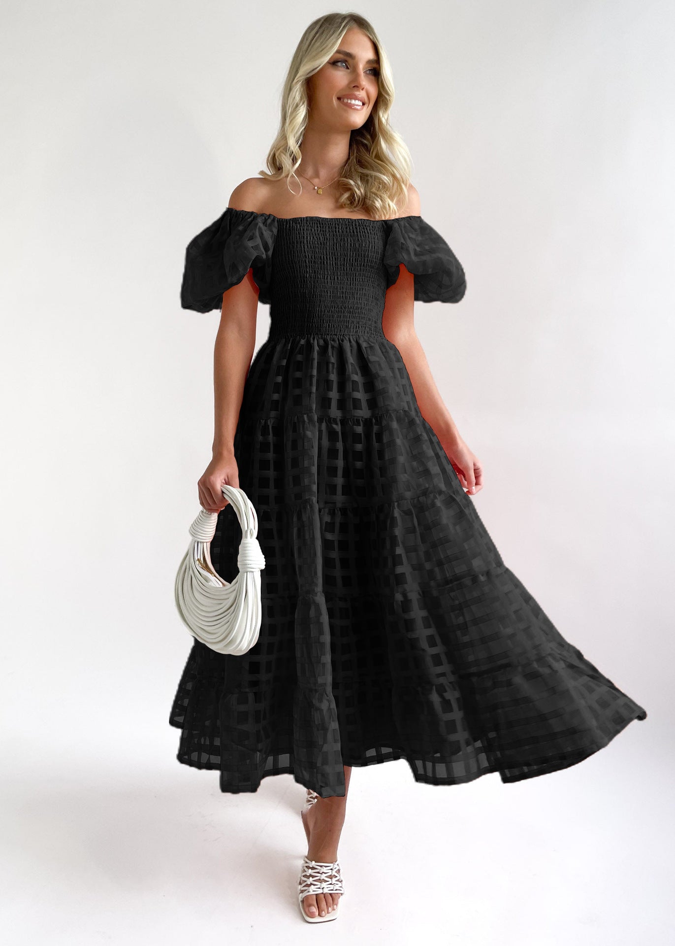 Damen Maxi-Kleid Puffärmel Elastisch Eveloria
