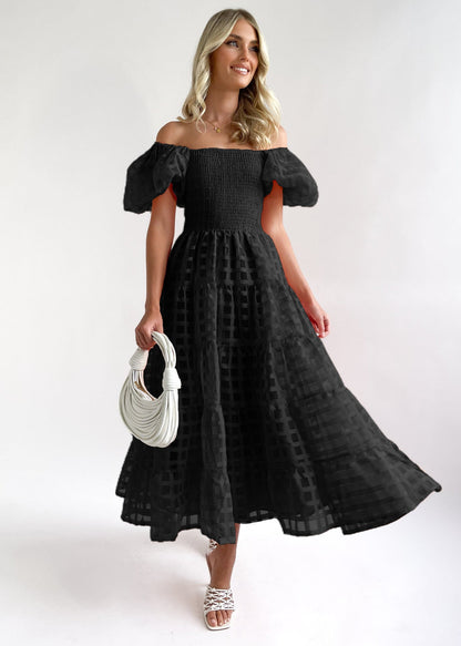 Damen Maxi-Kleid Puffärmel Elastisch Eveloria