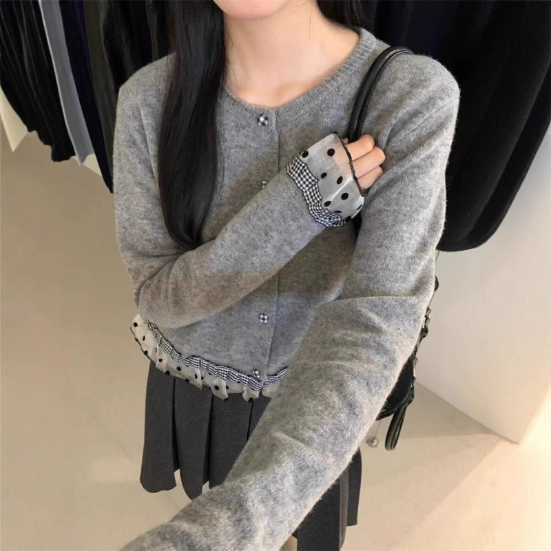 Damen Strickjacke Rüschen Knöpfe Eveloria