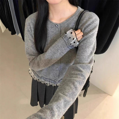 Damen Strickjacke Rüschen Knöpfe Eveloria