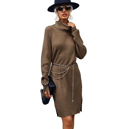Damen Strickkleid Hochkragen Kettenbund