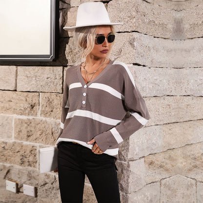 Damen Strickpullover V-Ausschnitt Knöpfe Beige Eveloria
